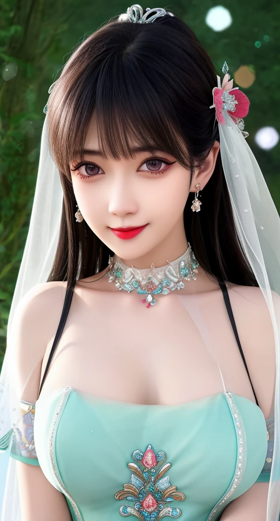 best qualityer，8K， masterpiece， A high resolution， 1girll， Clear silk see through porcelain dress， Fur coat， hair adornments， smile， Keep one's mouth shut， parted lips，Large breasts，Shoulder， shift see through dresses， hair adornments， choker necklace， jewely， Chinese outfit， long whitr hair， 耳Nipple Ring， Detailed beautiful eyes， detailed eyelashes， beautiful  favr,after sexing Body， Tyndall effect，realisticlying， edge lit， two tone lighting，（highdetailskin：1.2）， 8K, Ultra HD， digital SLR camera， gentle illumination， high high quality， Volumetric lighting， Frankness， photore， A high resolution， Bokeh， at a forest， Falling snow， Winters， in the afternoon