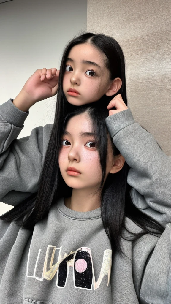 One girl,Ultra high definition,Surrealism,masterpiece,Textured skin,Highest quality,Cute Japanese,Long black hair,At home,Wear a sweatshirt,Look up and see here