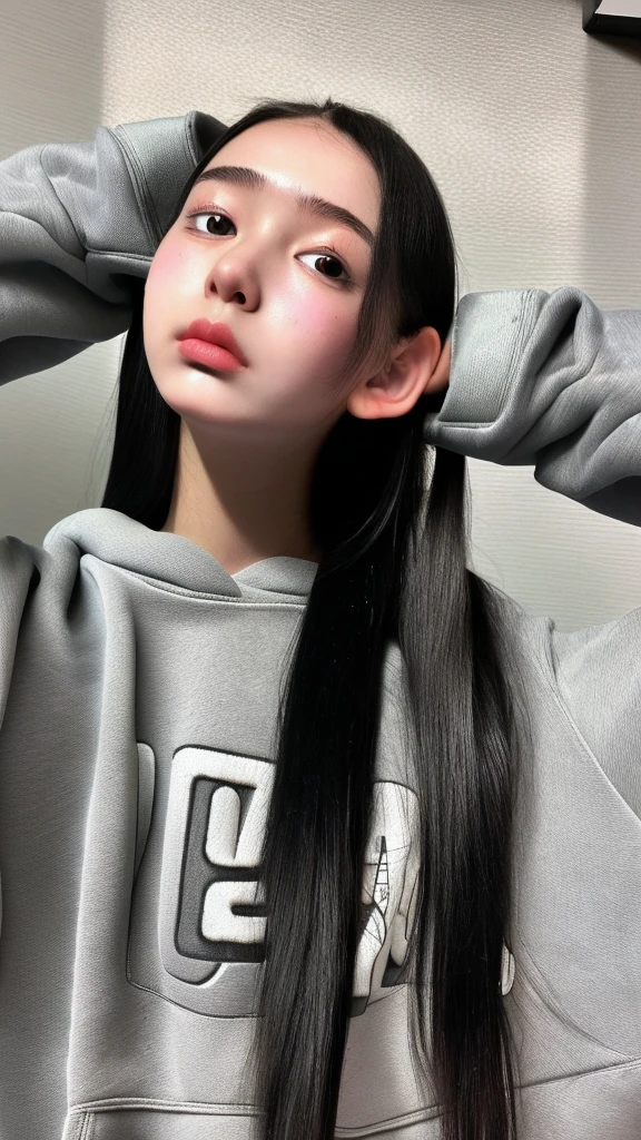 One girl,Ultra high definition,Surrealism,masterpiece,Textured skin,Highest quality,Cute Japanese,Long black hair,At home,Wear a sweatshirt,Look up and see here