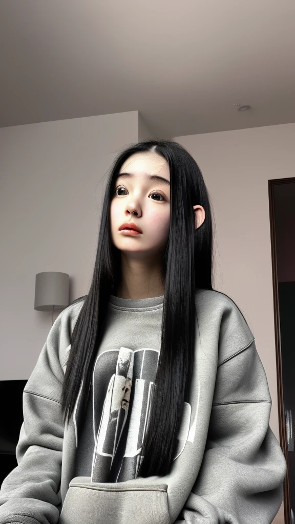 One girl,Ultra high definition,Surrealism,masterpiece,Textured skin,Highest quality,Cute Japanese,Long black hair,At home,Wear a sweatshirt,Look up and see here