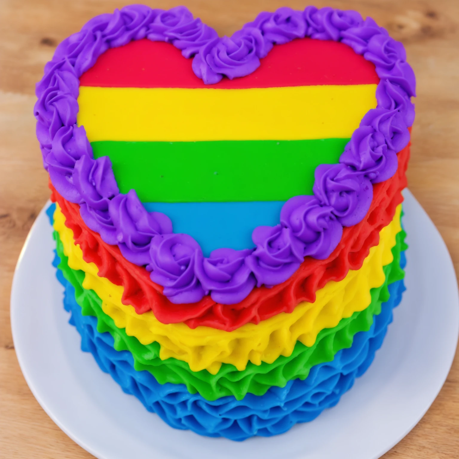 on a wooden table, there is a white plate with a heart cake , rainbow cream heart cake ( star shaped) , multi-colored heart on top, decorated with purple cream, cream with highlights, view from above, Beautiful light from the window, beautiful lighting, bright announcement, Multiple light sources, Realistic style, realistic textures, high quality, high detail, detailed textures, ultra 4k hd, macro photography