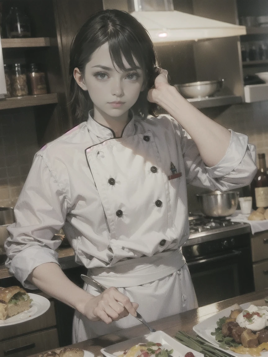 chef-d&#39;ouvrages d&#39;art, best quality, Ultra-detailed, 4K quality, yeux expressifs, visage parfait, anatomie parfaite, corps parfait, Realistic, 1 gfille, mature girl, tout le corps, Les cheveux long et noirs, pale skin, pupilles rouges, cicatrice sur le visage, detailed eyes, yeux parfaits, boucles d&#39;oreilles en argent, Detailed lips, He sits on a black marble throne, High level black military uniform with silver and gold accessories, peaked cap, Empereur masculin, Souverain du royaume, ambiance sombre, legs crossed,  Coup de cuisse 