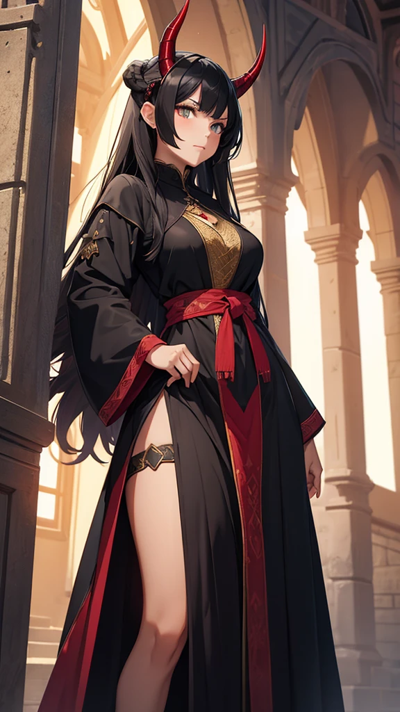 long hair, black hair, medium breast, slim legs, happy, blueish gown, cleavage, arabian belly dancer , short skirt, rin tohsaka, twin tail, navel, garden, blue eyes, tiara, standing, thigh high socks, sunlight, shoulderless