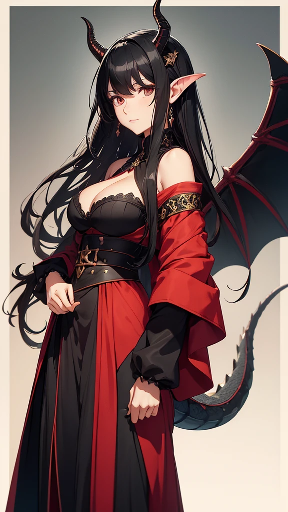 A woman with dragon horns and a dragon tail, black hair and medieval clothes