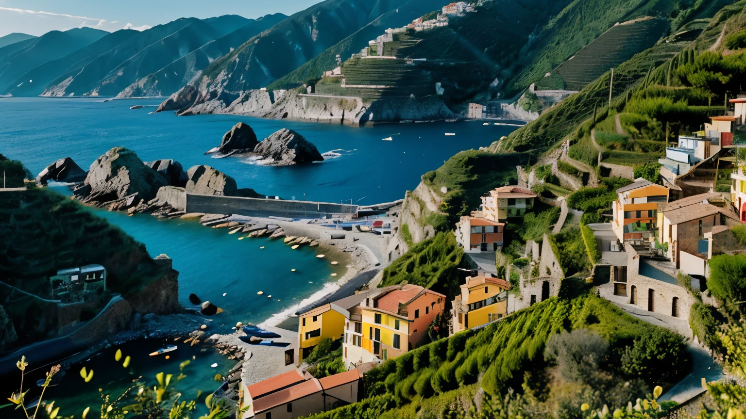 Professional photography, DSLR camera, highest resolution, highest detail, rich shadows, 16K image, small rural village in the middle of a valley. Cinque Terre style village, Photo taken from a high angle