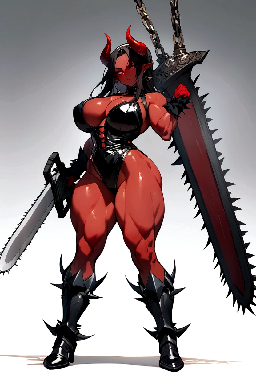 ({masterpiece}},{best quality,}，white background,full body,middle Ages,1 female demon，Aggressive，，Red skin，spiked armor，Horns，Chainsaw sword，Brass decoration，Strong muscles，Sexy，({masterpiece}},{best quality