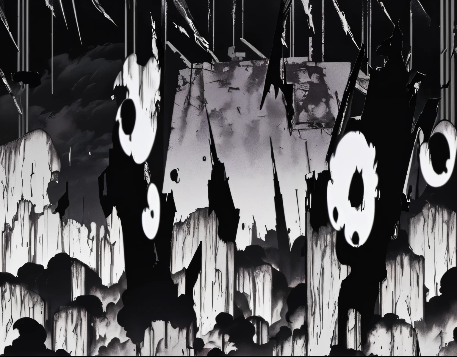 An anime "Create a dark, dramatic background with widespread destruction. Include elements of ruined buildings, falling debris from the top, and a cloudy or foggy atmosphere. The shadows should be dense and the blackness should dominate the upper part of the image. The details should be indistinct but emphasize the scale of destruction and the feeling of gloom."