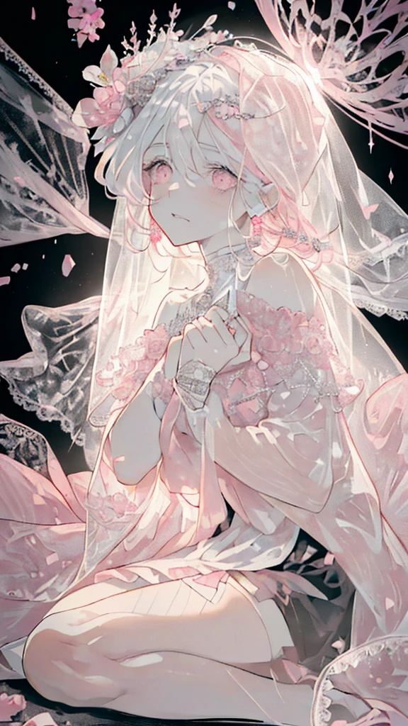 ((A ruined city full of rubble)),(After the war),((Vast landscape full of rubble)),(A boy wearing tattered slave-like clothes),((Soot-stained hair mixed with silver and black)),(Lifeless eyes),((sit with your knees on either side of the ground)),((look up and glare at me)),(Mouth slightly open),((Light pink eyes)),((Monochrome world)),((Black, Gray, white, and light pink)),((Hair ornament decorated with many pink jewels)),(Transparent veil),(the veil is swaying in the wind),((Holding a flower in hand)),((View from directly above)),(Sharp eye light),