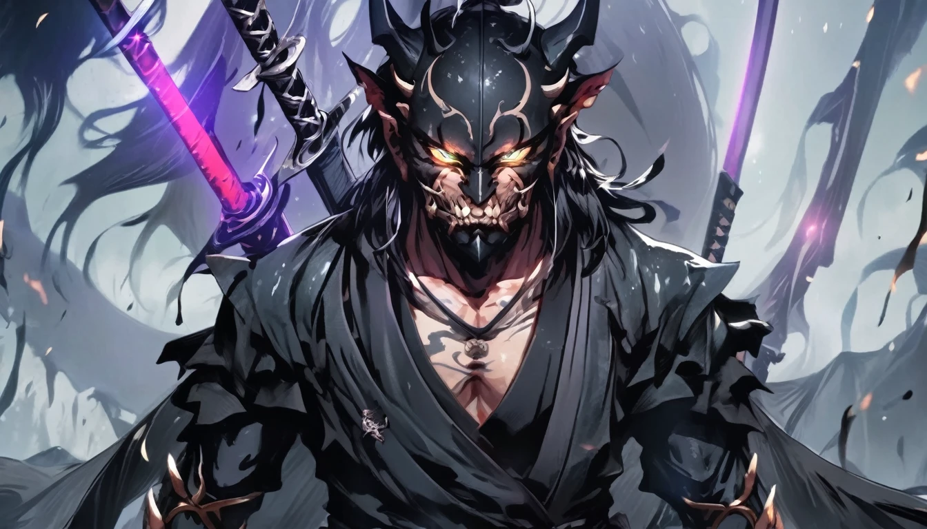 demon mask, sword on the back,close up, black heavy detailed clothes, hand katana, art, dark and malevolent, hand sword, armor, powerful and intimidating, (masterpiece, best quality, ultra-detailed, best shadow), (detailed background, dark fantasy) dramatic light, intricate details, dark and malevolent, powerful and intimidating, Dark and foreboding, malevolent force, sinister and chilling, armor, high detailed background, girl in demon slayer art, demon slayer art style, epic anime art, God death