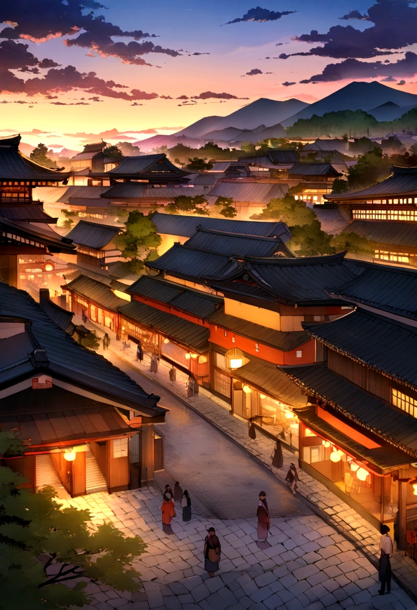 Kyoto at dusk,A fascinating scene where untouched nature meets humans; A bustling multicultural city square, The leaves turn gold at sunset, Symbolizing the enduring power of nature in modern society, Awe and admiration spread throughout the world