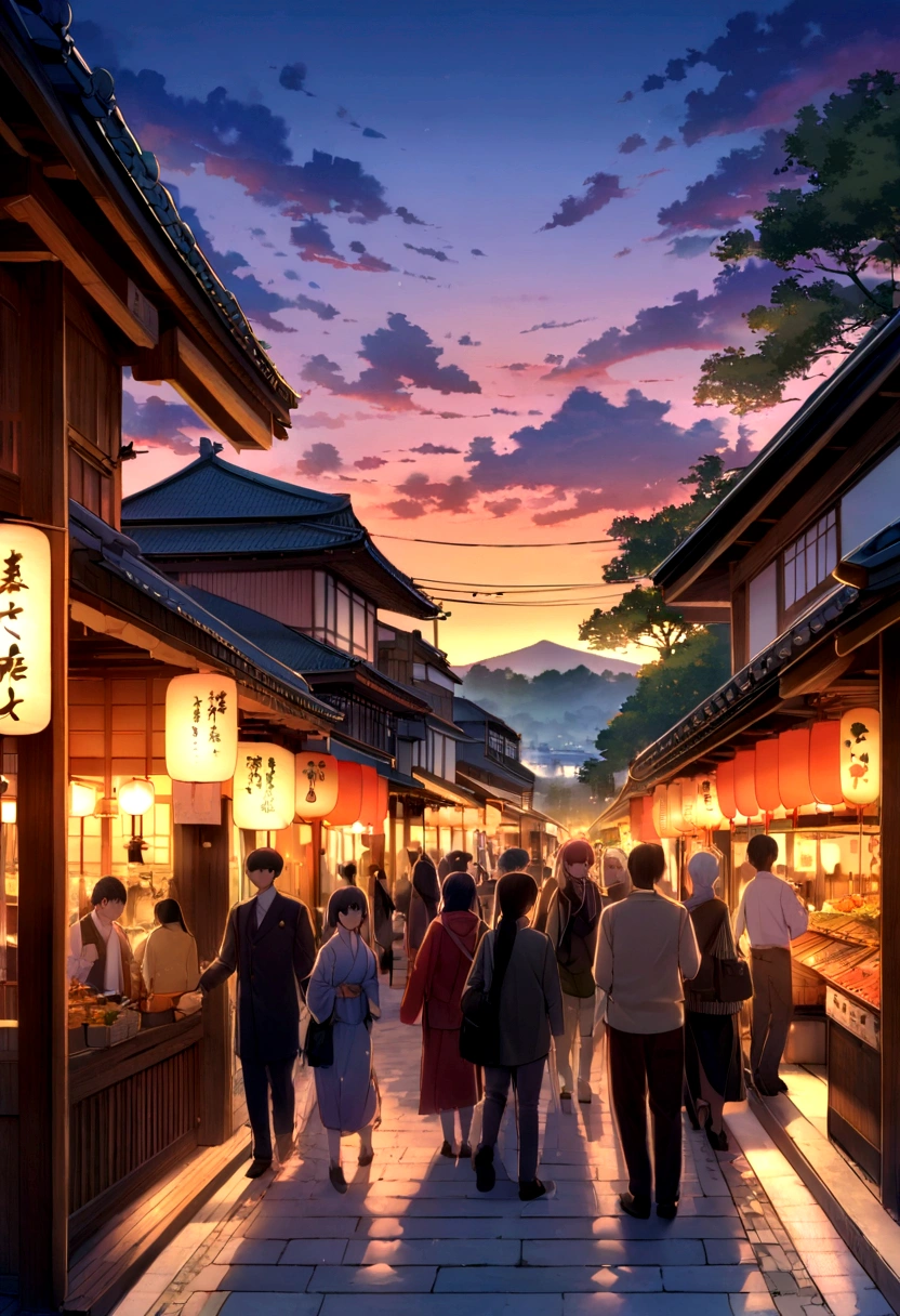 Kyoto at dusk,A fascinating scene where untouched nature meets humans; A bustling multicultural city square, The leaves turn gold at sunset, Symbolizing the enduring power of nature in modern society, Awe and admiration spread throughout the world