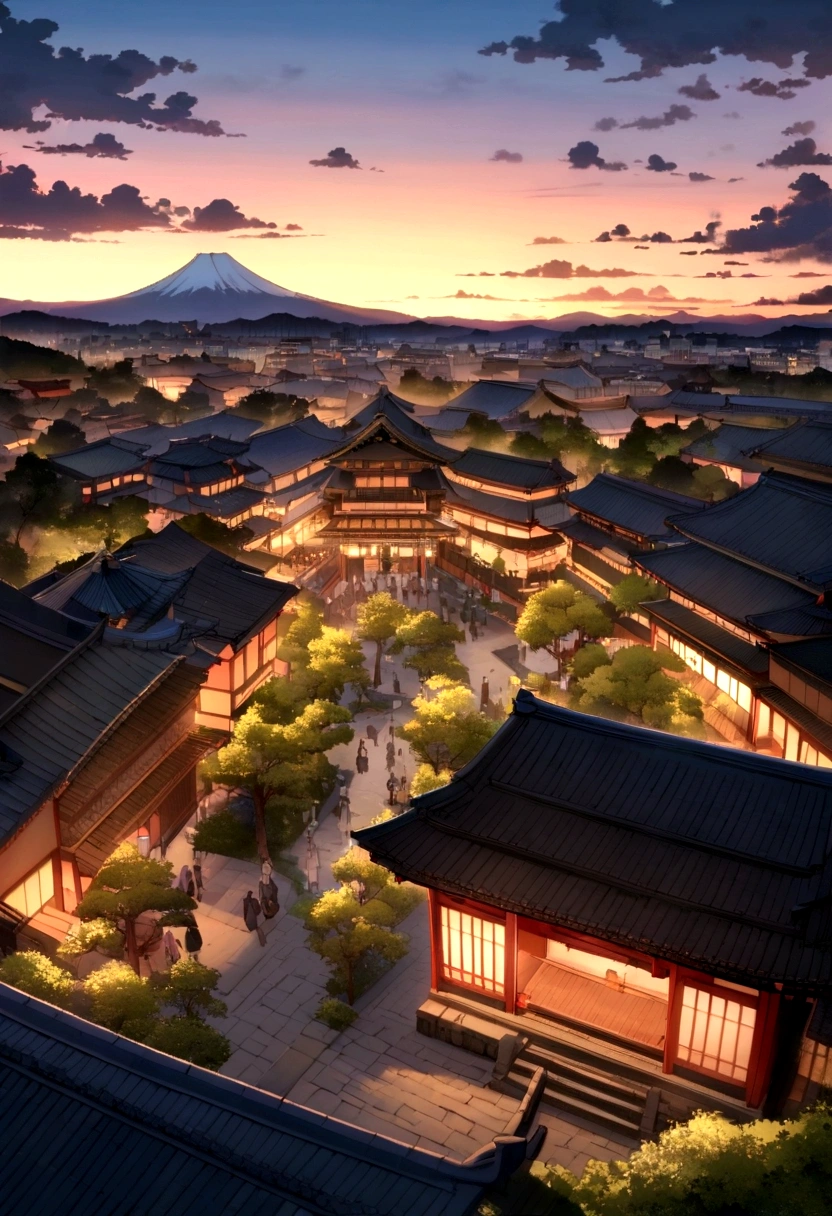 Kyoto at dusk,A fascinating scene where untouched nature meets humans; A bustling multicultural city square, The leaves turn gold at sunset, Symbolizing the enduring power of nature in modern society, Awe and admiration spread throughout the world