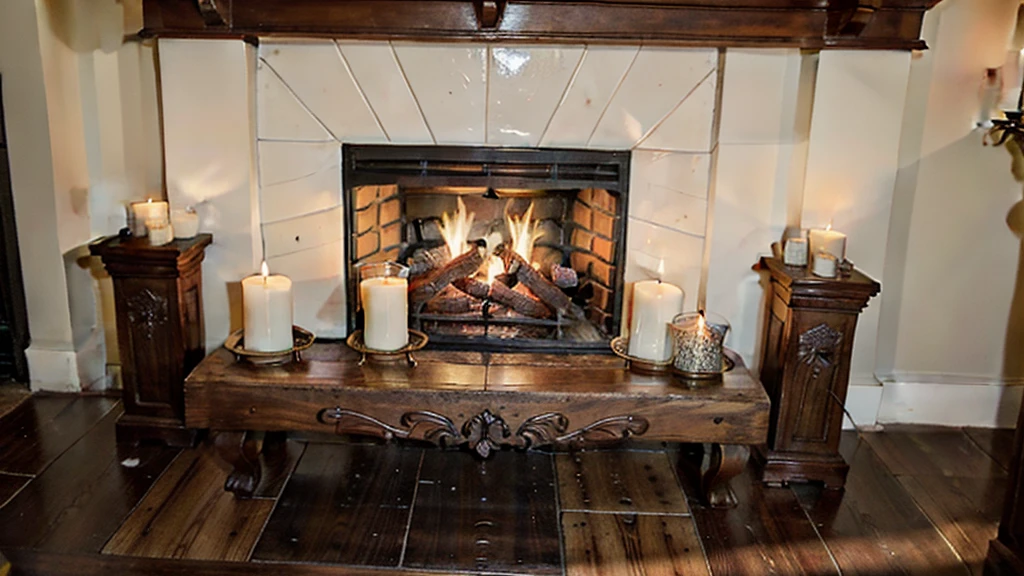 A detailed close-up view of a traditional brick fireplace in an old European house, filling almost the entire image. The fireplace features an intricately designed apron and a cozy, crackling fire, casting a warm, inviting glow. The firelight highlights the textures of the aged bricks and the ornate carvings on the apron. Antique brass firewood holders and iron tools are arranged neatly by the hearth. Candles in vintage holders flicker softly around the mantel, which is adorned with porcelain figurines and an old-fashioned clock. The scene is set at nighttime, emphasizing the warm, ambient glow of the fire and candles, creating a cozy and historic European atmosphere