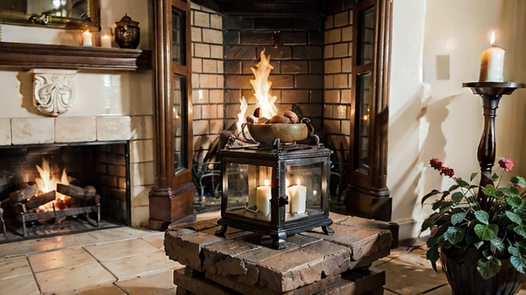 A detailed close-up view of a traditional brick fireplace in an old European house, filling almost the entire image. The fireplace features an intricately designed apron and a cozy, crackling fire, casting a warm, inviting glow. The firelight highlights the textures of the aged bricks and the ornate carvings on the apron. Antique brass firewood holders and iron tools are arranged neatly by the hearth. Candles in vintage holders flicker softly around the mantel, which is adorned with porcelain figurines and an old-fashioned clock. The scene is set at nighttime, emphasizing the warm, ambient glow of the fire and candles, creating a cozy and historic European atmosphere