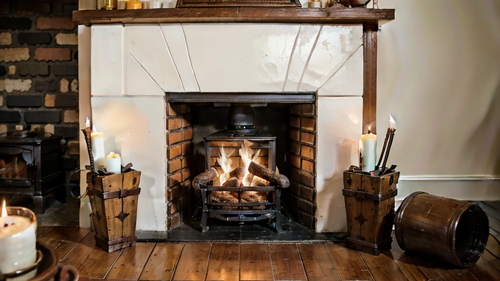 A detailed close-up view of a traditional brick fireplace in an old European house, filling almost the entire image. The fireplace features an intricately designed apron and a cozy, crackling fire, casting a warm, inviting glow. The firelight highlights the textures of the aged bricks and the ornate carvings on the apron. Antique brass firewood holders and iron tools are arranged neatly by the hearth. Candles in vintage holders flicker softly around the mantel, which is adorned with porcelain figurines and an old-fashioned clock. The scene is set at nighttime, emphasizing the warm, ambient glow of the fire and candles, creating a cozy and historic European atmosphere