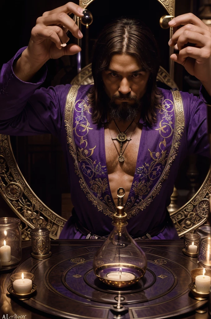 masterpiece, best quality, 1 male, adult, the alchemist\(tarot\), alchemist, lots of potion bottles, focused, purple, Symbolism,Visual art,Occult,Universal,Vision casting,Philosophical,Iconography,Numerology,Popularity,Artistic, Alfons Mucha