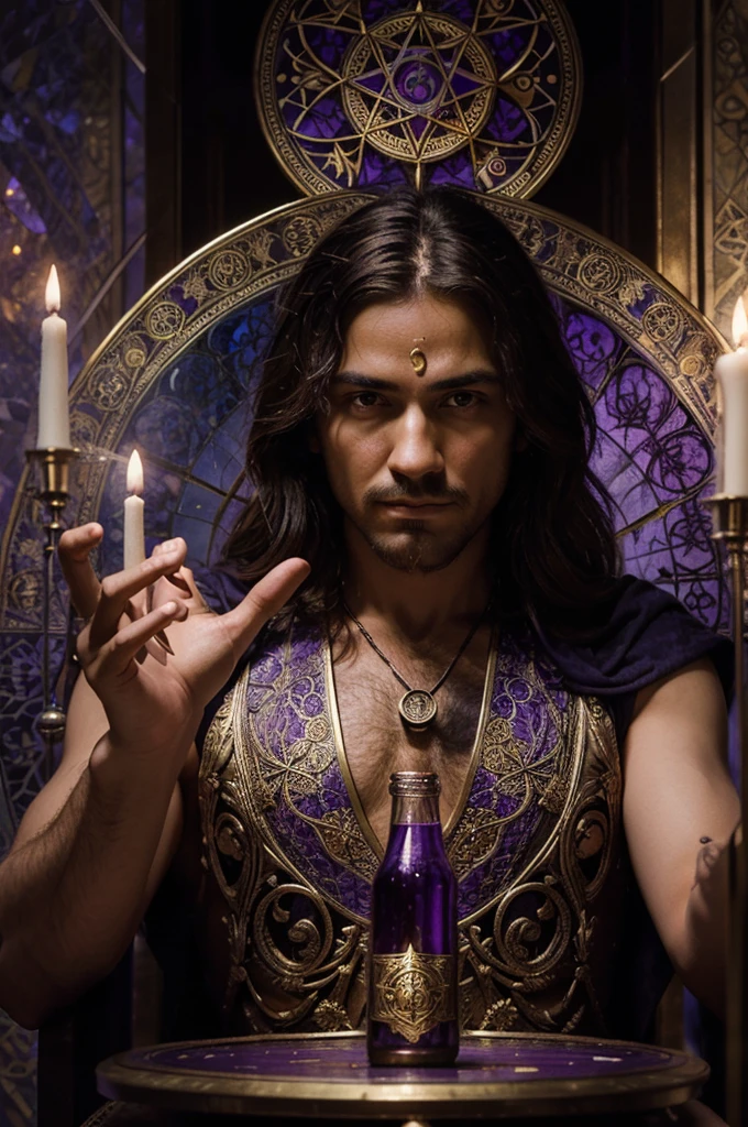 masterpiece, best quality, 1 male, adult, the alchemist\(tarot\), alchemist, lots of potion bottles, focused, purple, Symbolism,Visual art,Occult,Universal,Vision casting,Philosophical,Iconography,Numerology,Popularity,Artistic, Alfons Mucha