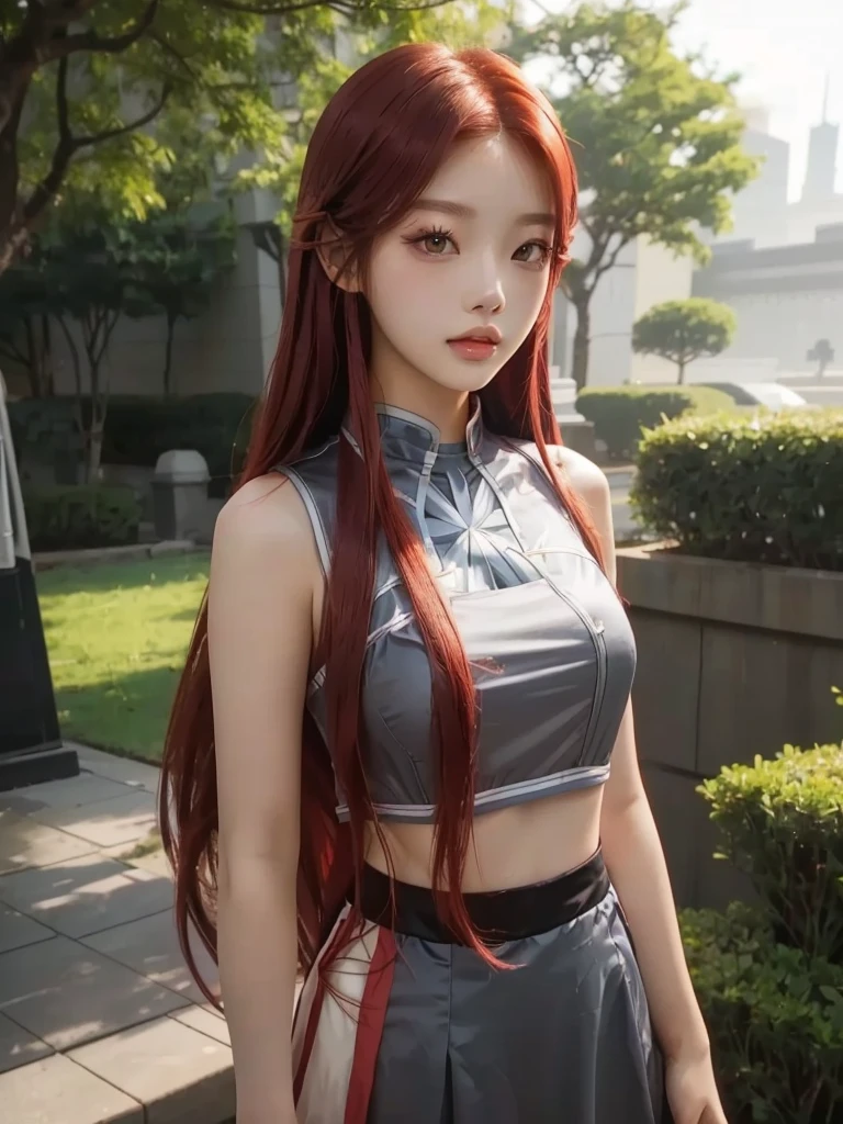 a woman with long red hair and a gray top posing for a picture, anime girl cosplay, anime cosplay, anime girl in real life, asian girl with long hair, japanese goddess, erza scarlet as a real person, anime girl with long hair, anime goddess, asuna yuuki, professional cosplay, attractive anime girl, anime character, red waist-long hair, korean face blackpink jennie, korean girl face, kpop girl
