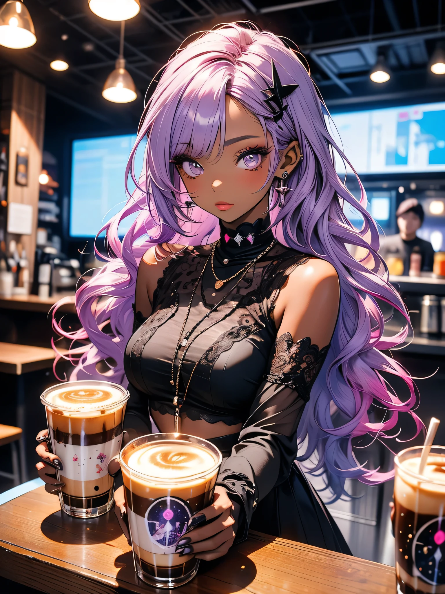 Futuristic Girl, Dark Skin, Purple eyes, space, Purple Hair, Blue Hair, Pink Hair, Long Hair, Dark Skin, Futuristic Coffee Shop