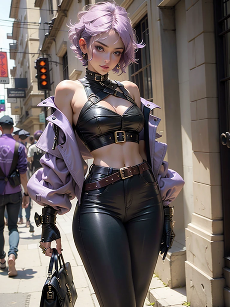 (8K,masuter piece:1.2、top-quality)、(Live action、Intricate details)、(1 milf、独奏、The upper part of the body、Colossal tits) Purple Cyberpunk Costume、enticing　Avant-garde、Experimental appearance: Purple ponytail、real looking skin　Dramatic makeup、: enticing,Sexy costume,Purple leather pants,Anti-system、Provocative Location: urban art district、A smile　Underground Music Scene Hobbies: Take part in punk shows、Create mixed media art、Experiment with different subcultures values: individuality、authenticity、Creative Expression Inspiration: Punk rock music、Counterculture icons、avant-garde art movements Personality traits: boldness、boldness、Unconventional。
