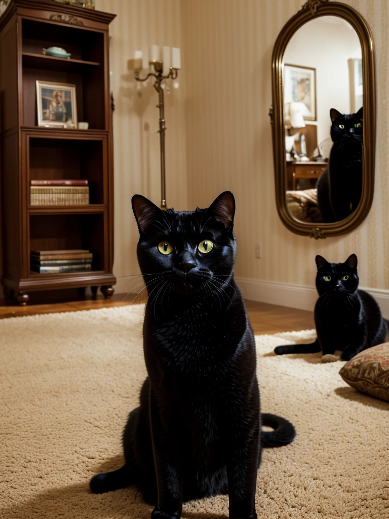 Highly detailed image as realistic as possible. The central element of the image is a Moscow apartment, the setting of which corresponds to the sixties of the twentieth century. In the center of the room there is a large oval mirror on a stand., capable of rotating around a central axis horizontally. There is a big black cat in front of the mirror, as tall as an average person, standing on its hind legs. The cat drinks coffee: he has a cup of drink in his right front paw, and he takes a sip, and in the left front paw there is a saucer. The cat is turned half-turn towards us, and we see his reflection in the mirror. Cat without clothes, completely black, very well-fed, with shiny fur. Cunning facial expression. The interior of the room contains items typical of the sixties: furniture, wallpaper, Lights, books and other items, which add the atmosphere of time and place.