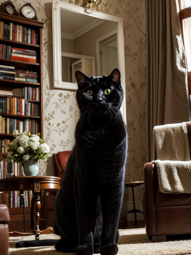 Highly detailed image as realistic as possible. The central element of the image is a Moscow apartment, the setting of which corresponds to the sixties of the twentieth century. In the center of the room there is a large oval mirror on a stand., capable of rotating around a central axis horizontally. There is a big black cat in front of the mirror, as tall as an average person, standing on its hind legs. The cat drinks coffee: he has a cup of drink in his right front paw, and he takes a sip, and in the left front paw there is a saucer. The cat is turned half-turn towards us, and we see his reflection in the mirror. Cat without clothes, completely black, very well-fed, with shiny fur. Cunning facial expression. The interior of the room contains items typical of the sixties: furniture, wallpaper, Lights, books and other items, which add the atmosphere of time and place.