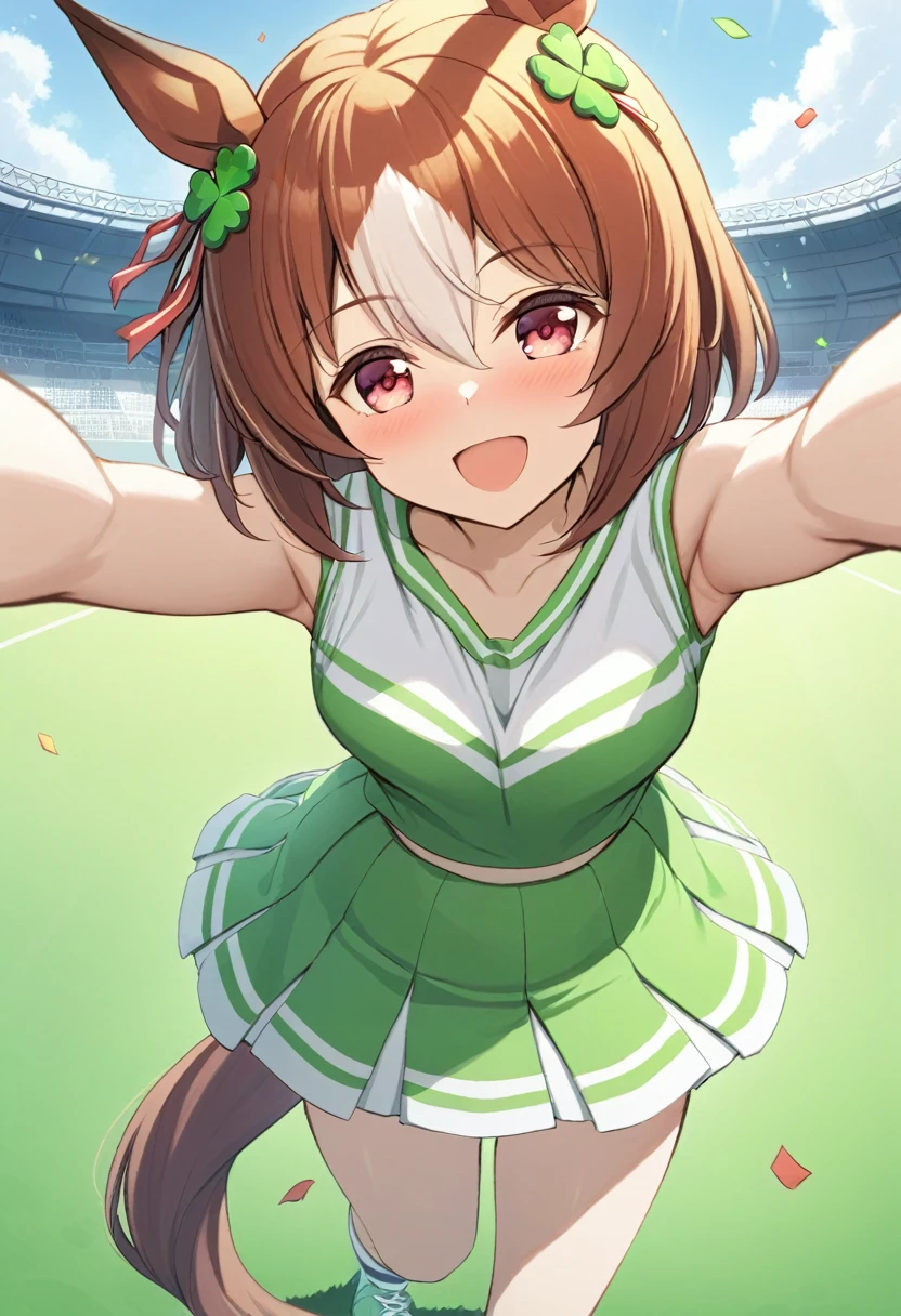 One girl, fine movements \(umamusume\), umamusume, (Hime Yamato), Cheerleader, Pleated skirt, Pom-pom \(cheer leading\), :d, Cowboy Shot, clavicle, blue sky, White cloud, (Confetti), Green and white outfit, Green Skirt, red and white ribbon, From above, No sleeve, Standing on one leg, Underarm, (A clover hair accessory made with exquisite detail), Stadium, chest, High resolution, Studio Lighting, masterpiece, Highest quality, Detailed landscape, Horse tail, Down blouse 