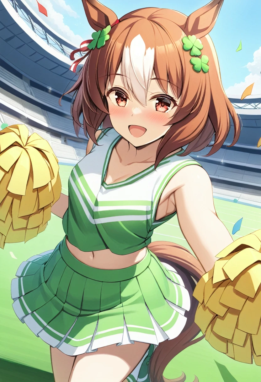 One girl, fine movements \(umamusume\), umamusume, (Hime Yamato), Cheerleader, Pleated skirt, Pom-pom \(cheer leading\), :d, Cowboy Shot, clavicle, blue sky, White cloud, (Confetti), Green and white outfit, Green Skirt, red and white ribbon, From above, No sleeve, Standing on one leg, Underarm, (A clover hair accessory made with exquisite detail), Stadium, chest, High resolution, Studio Lighting, masterpiece, Highest quality, Detailed landscape, Horse tail, Down blouse 