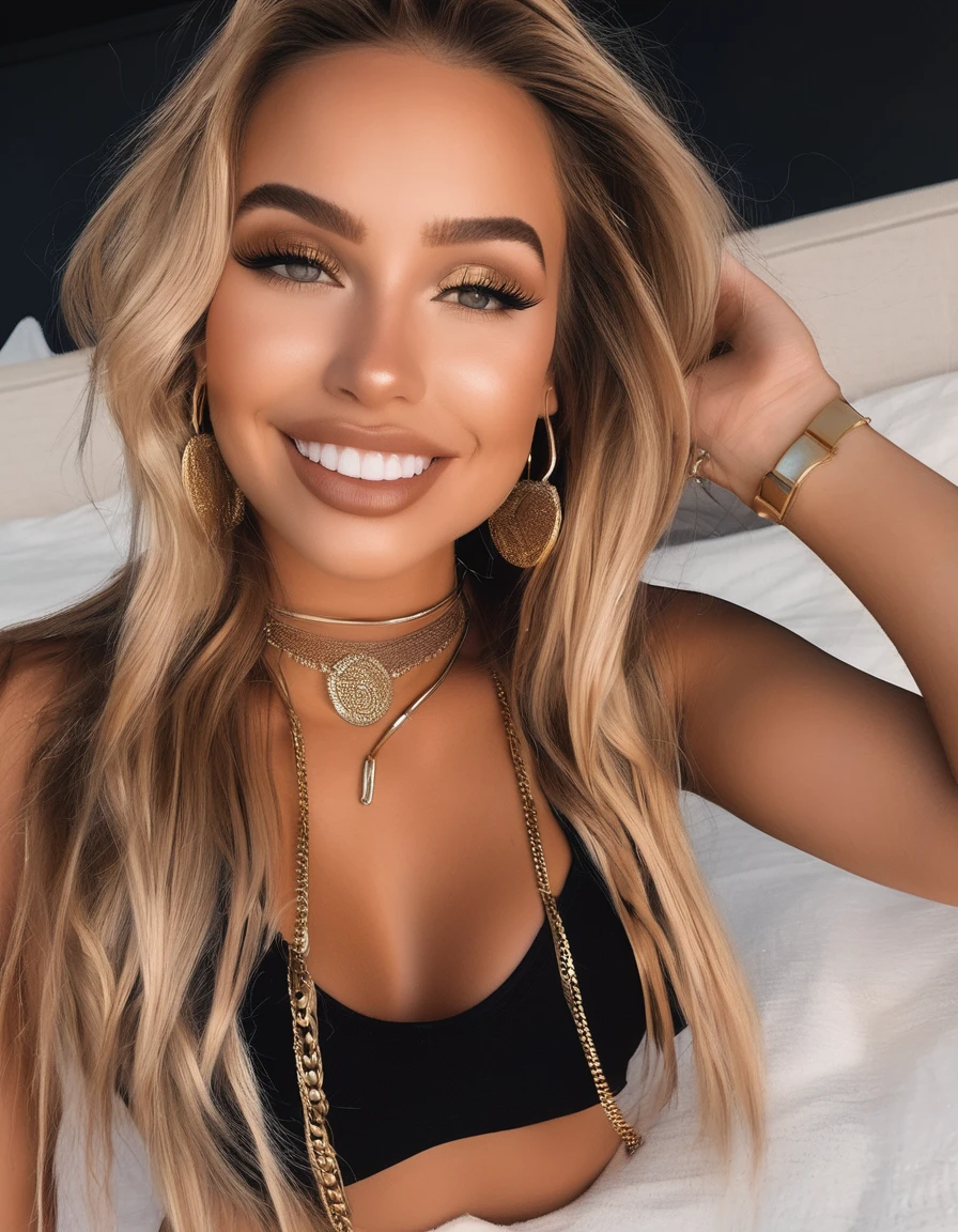 (best quality,4k,highres, highres face details), blonde long straight hair, 18 years old, instagram model, 36DD fake breast, fake lashes, fake lips, dark makeup, perfect skin, tan skin, she is skinny, she is caucasian, she is wearing a black and white sexy lace lingerie set, gold chain, gold earring, whole body image, taking a pose, posing, no exposed breast, no exposed vagina, night time, she is in miami beach, in her bed, golden hour, whole body pictures, smiling