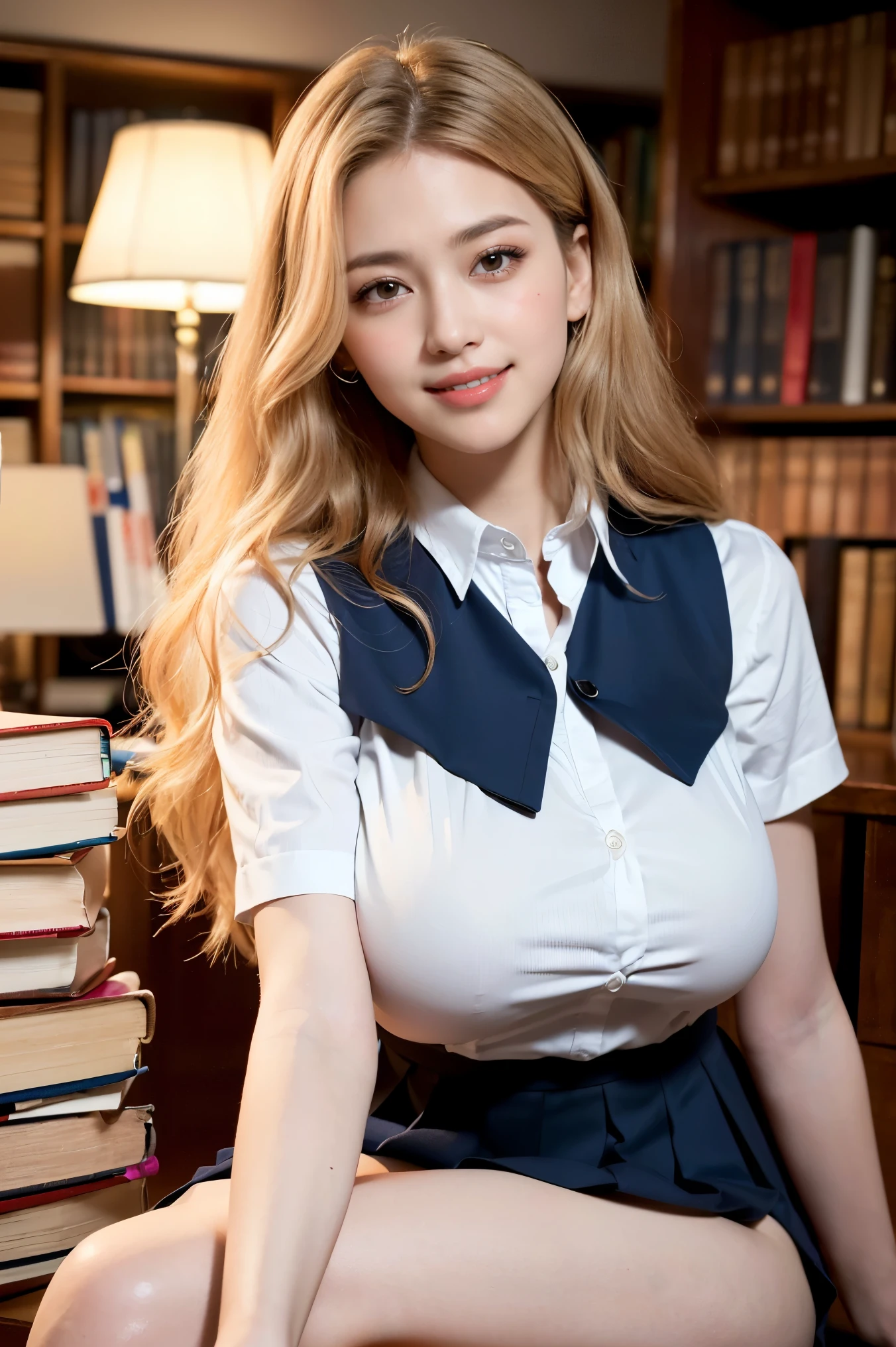 (((neat woman,Bright-eyed excitement,kind big smile,blush,blush,red cheek,please touch me,tempting viewer,i want you))),(all fours,all fours,hip higher),((((blush,red cheek)))),(cinematic lighting), (Photo real:1.4)、(A hyper-realistic:1.4)、(Photorealistic:1.3)、 (gentle lighting: 1.05)、(Improve the lighting quality of your video:0.9)、 32k、25years old woman、photorealistic lighting、Back lighting、Facial Lights、Ray Trace、(bright:1.2)、(Increase quality:1.4)、 (best quality real texture skin)、Fair eyes,delicate face、 Close-up of the face, ((Wearing the white collared shirt,navy vest-dress uniform,(no printed navy pleated skirt),high-heel),(Bodyline mood improvement:1.1)、Glossy skin、Korean Idol、Nogizaka Idol、good figure,perfect anatomy,Beautiful actress,(((beautiful huge breasts,slender waist,slender hip,long slender legs,8heads tall))),(((8heads tall))),(((blonde wavy hair,curtain bangs))),(((in the beautiful modern office of library,super clean night view,in the night))),