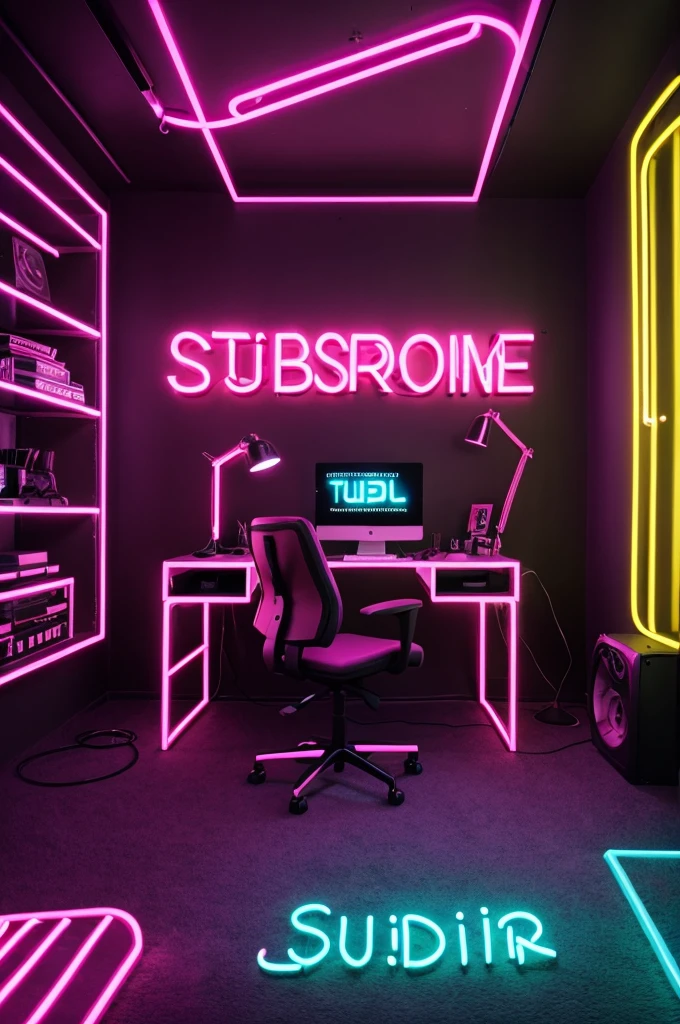 Create an image of a youtuber studio room with a subtitle neon glow make as statement and with bold Rupam lettering make sure the text is not Misspelled
