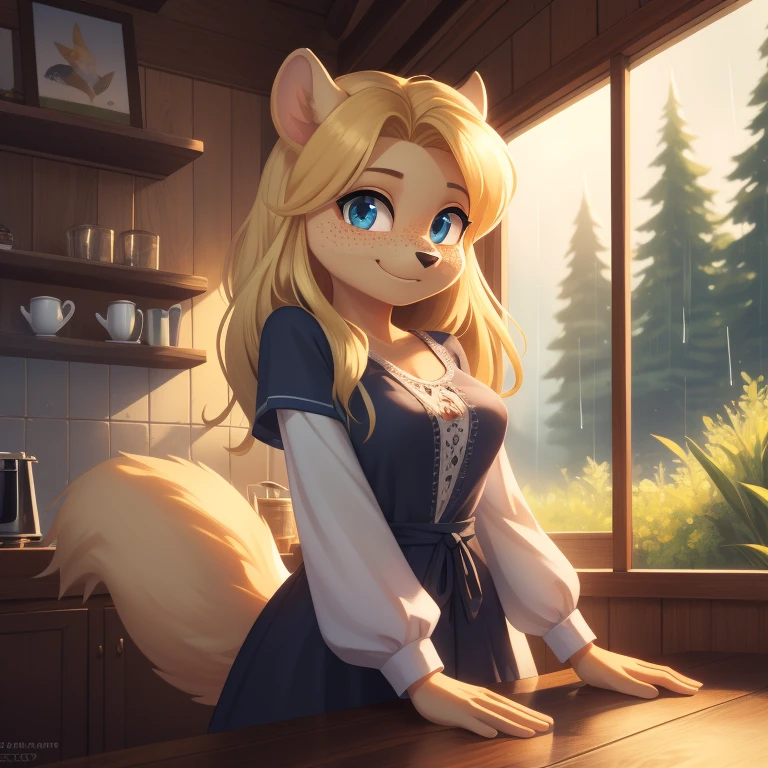 minerva, medium breast,
(detailed blonde hair:1.4), (detailed perfect eyes:1.2), white fur, (detailed fluffy fur:1.2), perfect hourglass body, mink snout, (long fluffy blonde tail:1.3), beautiful black eyes, relaxed pose, looking at viewer,
(freckles:1.2), light smile,
serving coffee,
(masterpiece:1.2), (best quality:1.2), (intricate:1.2), (highly detailed:1.2), (sharp:1.2), (8k:1.2), (highres:1.2),
cinematic summer tropical lighting, vivid colors,
kitchen, wooden cabin,
window, forest, rain,
aliceinwonderlandoutfit