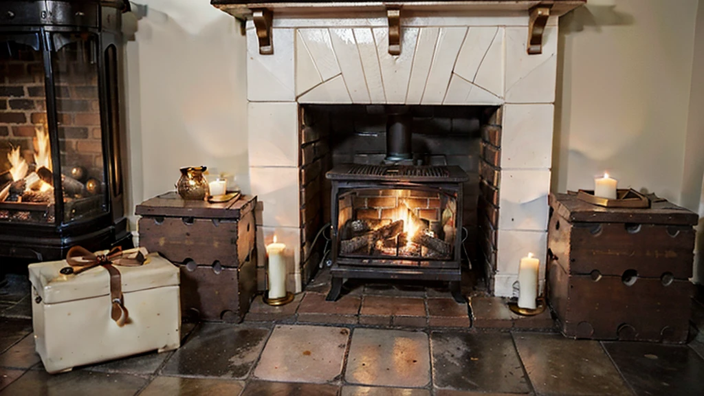 A close-up view of a traditional brick fireplace with a cozy, crackling fire. The firelight illuminates the intricately designed apron and the aged bricks, casting a warm, inviting glow. Antique brass firewood holders and iron tools are neatly arranged by the hearth. Several candles in vintage holders are placed around the mantel, adding to the ambient light. The mantel is adorned with porcelain figurines and an old-fashioned clock. The scene exudes warmth and a cozy, historic European atmosphere.