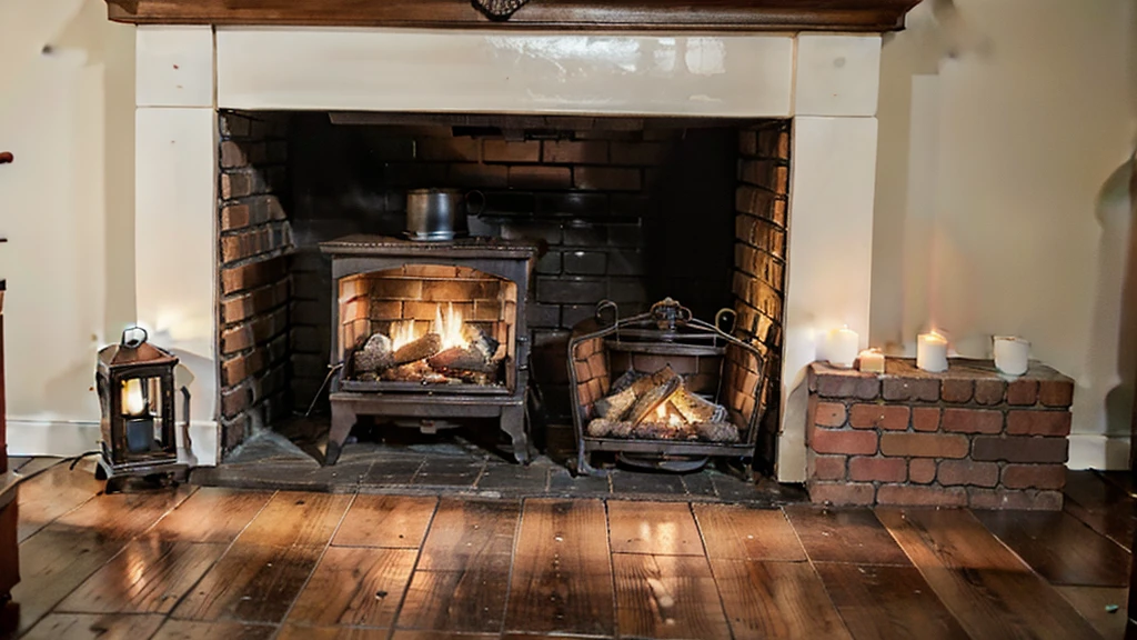 A close-up view of a traditional brick fireplace with a cozy, crackling fire. The firelight illuminates the intricately designed apron and the aged bricks, casting a warm, inviting glow. Antique brass firewood holders and iron tools are neatly arranged by the hearth. Several candles in vintage holders are placed around the mantel, adding to the ambient light. The mantel is adorned with porcelain figurines and an old-fashioned clock. The scene exudes warmth and a cozy, historic European atmosphere.
