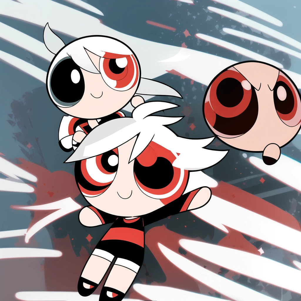 smile,chibi, full body, 1girl, white hair, red eyes, black short sleeve shirt, black shorts,