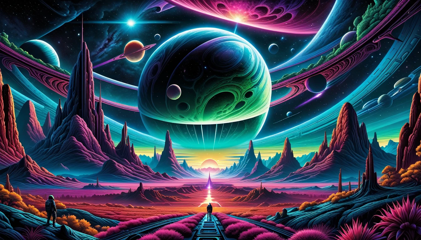 by dan mumford, alien world, deeply vibrant world, centered, symmetry, painted, intricate, sci fi, volumetric lighting, beautiful, rich deep colors masterpiece, sharp focus, ultra detailed, astrophotography. The composition is very detailed, 8K, perfect composition.