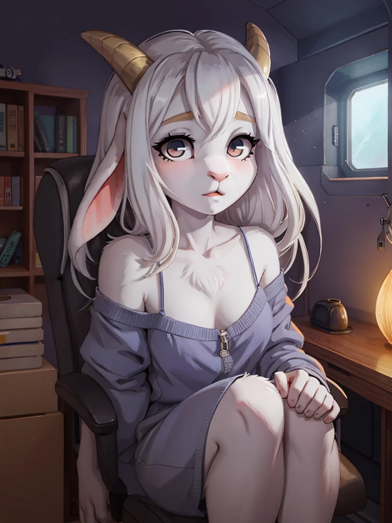 A light gray furry goat girl with sliver eyes 