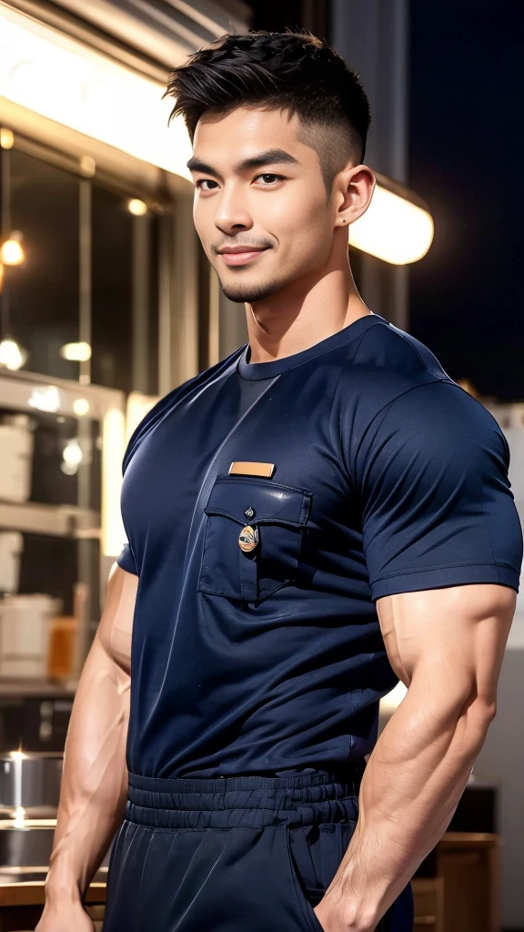korea male male model sit on the table , big muscles, handsome, cool, smoothly combed hair, pierced ears, wearing a t-shirt navy top, holding a lollipop, portraiture, modeling, dynamic pose, Japanese street, late at night, store lights trade, full half body shot, kind_smile, ,(open mouth:1.2), fullbodypolice officer, Korean Men ,facial hair, Full body, ,(Police badge) ,(Torn navy round neck shirt), (Navy blue round neck shirt.), (Abrasions on the body....: 1.3), (Navy Cargo Pants: 1.3), Short Hair Hair, (High shadow detail),Pectoral muscles, Big arm muscles, blood vessel, Big muscles, Wide shoulders, Abrasions on the body...., Abrasions on the face, nighttime , fire truck