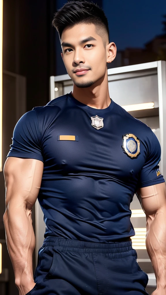korea male male model sit on the table , big muscles, handsome, cool, smoothly combed hair, pierced ears, wearing a t-shirt navy top, holding a lollipop, portraiture, modeling, dynamic pose, Japanese street, late at night, store lights trade, full half body shot, kind_smile,  ,(open mouth:1.2), fullbodypolice officer, Korean Men ,facial hair, Full body, ,(Police badge) ,(Torn navy round neck shirt), (Navy blue round neck shirt.), (Abrasions on the body....: 1.3), (Navy Cargo Pants: 1.3), Short Hair Hair, (High shadow detail),Pectoral muscles, Big arm muscles, blood vessel, Big muscles, Wide shoulders, Abrasions on the body...., Abrasions on the face, nighttime , fire truck