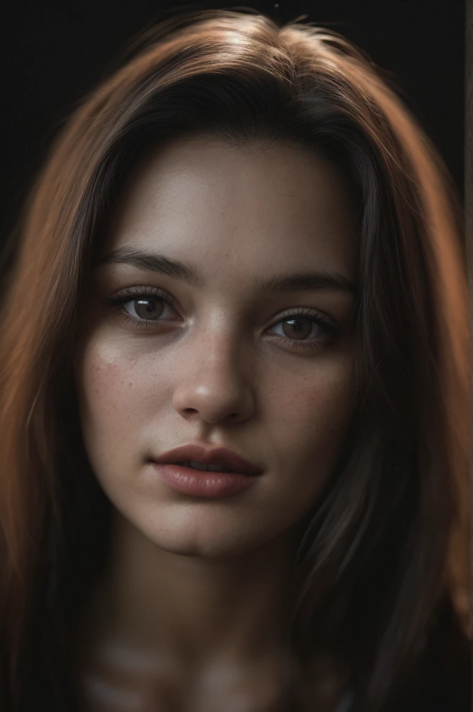 (close-up, editorial photograph of a 21 year old woman), (highly detailed face:1.4) (smile:0.7) (background inside dark, moody, private study:1.3) POV, by lee jeffries, nikon d850, film stock photograph ,4 kodak portra 400 ,camera f1.6 lens ,rich colors ,hyper realistic ,lifelike texture, dramatic lighting , cinestill 800,