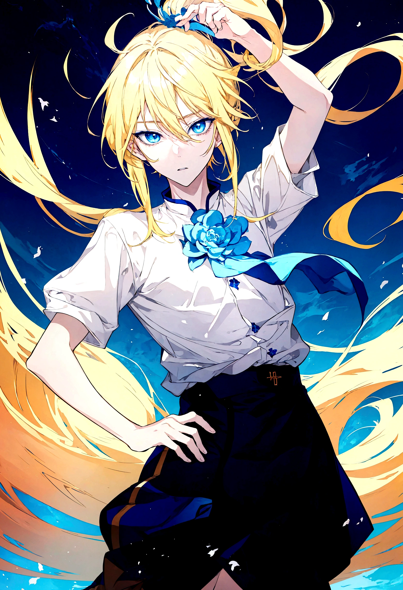 Anime boy with long blonde hair and blue eyes., Animation Moe Artstyle, blonde anime boy with long hair, high quality Animation Art Style, splash art animation , fateful animation style/stay the night, Animation Art Style, anime style portrait, Anime style illustration, Animated visual of a cute boy, Clean and detailed animated art, 아름다운 Animation Art Style