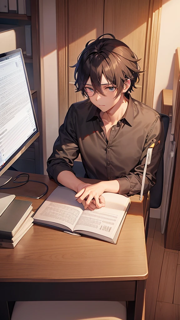 Un homme sur son ordinateur dans un bureau le matin 