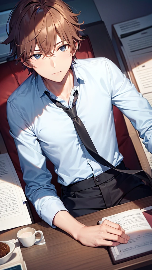 (1 Adult male),A high resolution, Sharp focus, Pixiv masterpiece, ((Complicated details)), highly detailed, natsuki_subaru, 1 man, with her mouth open,drools,full bodyesbian,sit astride,Crotch view, Golden eyes(eyes glowing), with short golden hair,white shirt,Wear a tie,Wear a belt,perspire,look from down