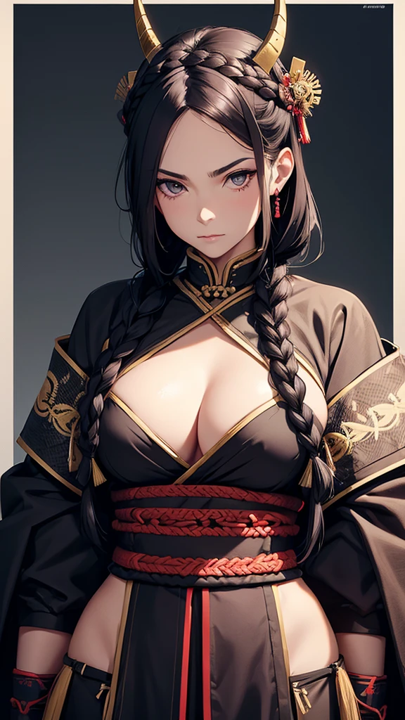 A woman with thin horns, braided hair, Samurai