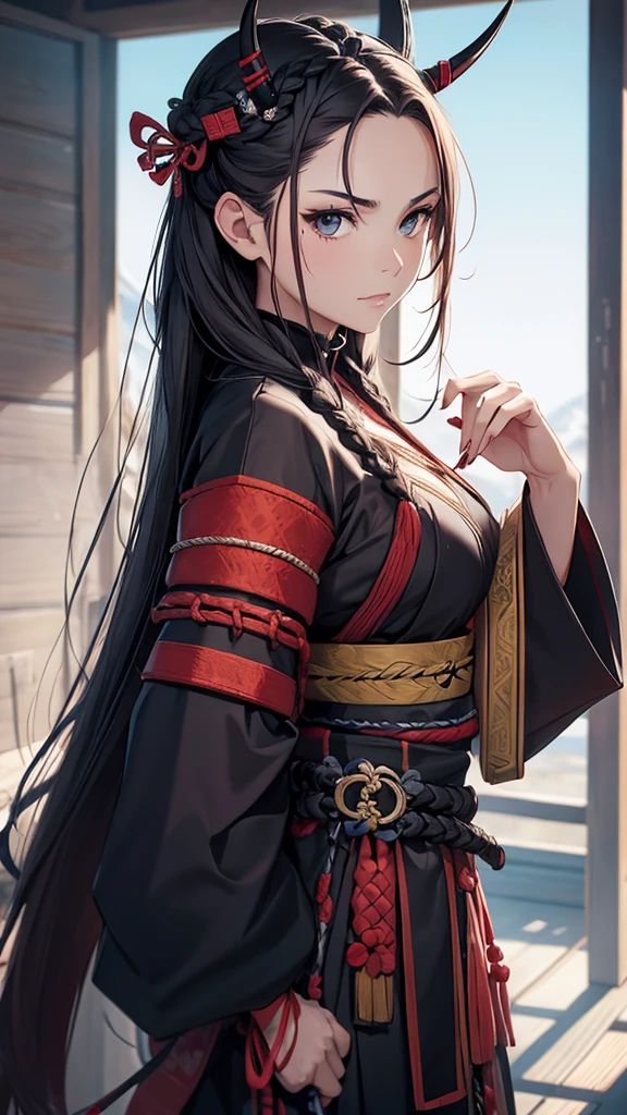 A woman with thin horns, braided hair, Samurai