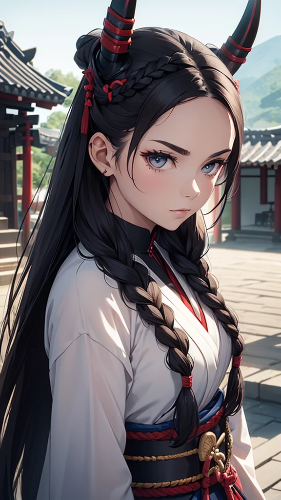 A woman with thin horns, braided hair, Samurai