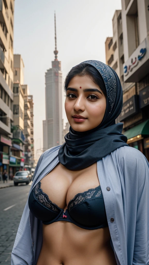Realistic photo, a portrait photo of 20 y.o Pakistani woman in casual clothes, big breasts with bra and hijab, city street, (high detailed skin:1.2), 8k uhd, dslr, soft lighting, high quality, film grain, Fujifilm XT3