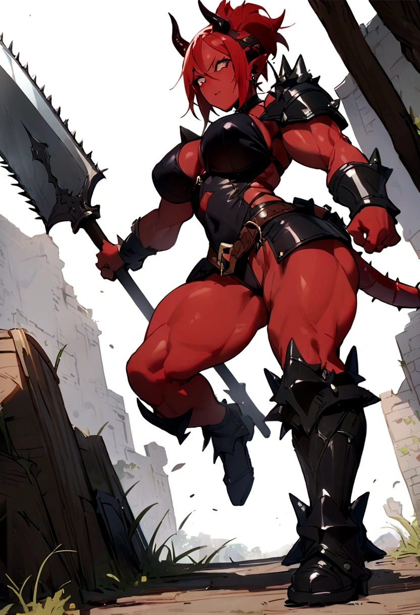 ({masterpiece}},{best quality,}，white background,full body,middle Ages,1 female demon，Aggressive，，Red skin，Spiked armor，Horns，Chainsaw sword，Brass decoration，Strong muscles，Sexy，({masterpiece}},{best quality}}