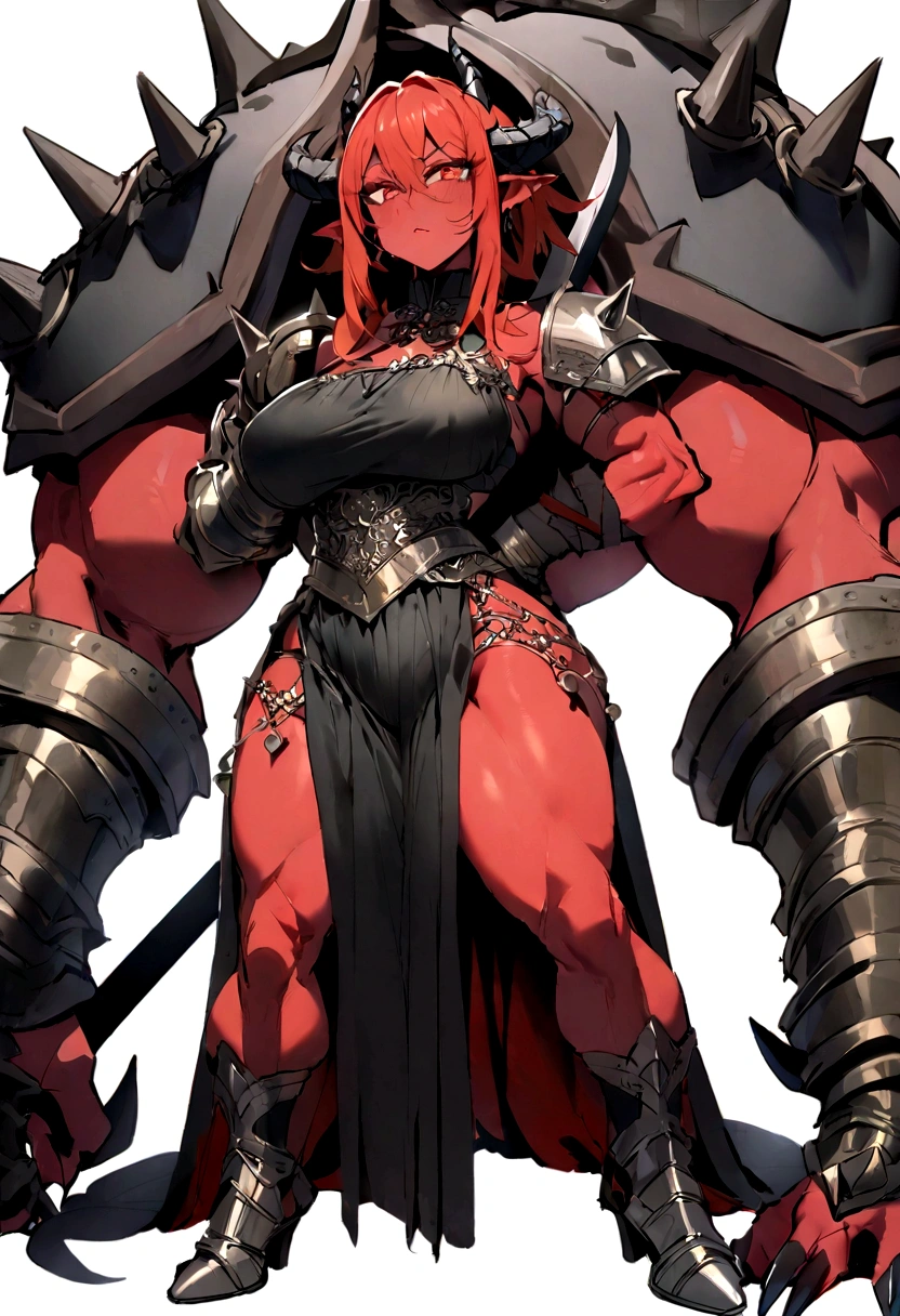 ({masterpiece}},{best quality,}，white background,full body,middle Ages,1 female demon，Aggressive，，Red skin，Spiked armor，Horns，Chainsaw sword，Brass decoration，Strong muscles，Sexy，({masterpiece}},{best quality}}