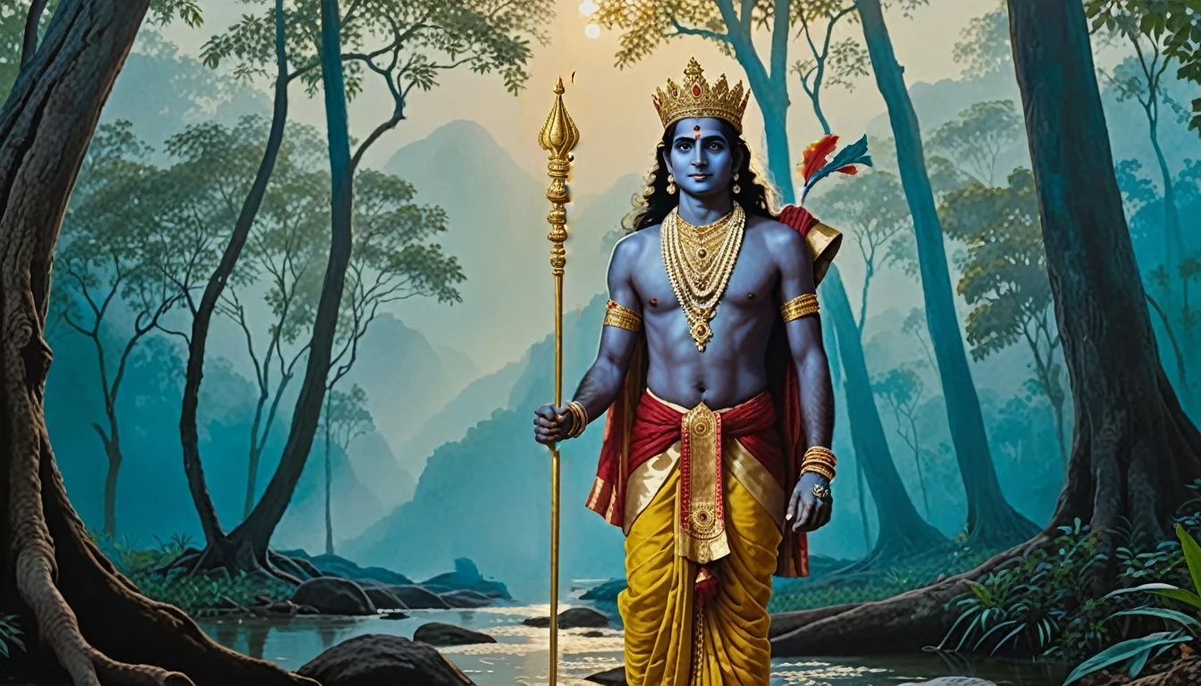 A breathtaking cinematic 16:9 widescreen portrait of Rama, the seventh avatar of Vishnu and the epitome of dharma from the Ramayana epic. Rama stands majestically in the center of the horizontal composition, shown in full-length from head to toe, occupying the middle third of the frame. His entire figure is visible, showcasing his noble posture and divine appearance. He appears as a regal Indian prince with smooth, blue-tinged skin symbolizing his divine nature, and long, black hair styled in a high jata-mukuta (matted hair crown). Rama wears a richly embroidered full-length yellow dhoti with a red silk scarf draped over his shoulders, adorned with intricate gold jewelry including a crown, necklaces, armlets, and anklets. His expression is serene and determined, embodying righteousness and strength. He holds his iconic bow, Kodanda, in his left hand and an arrow in his right, both at waist level. The wide aspect ratio allows for a panoramic view of a lush forest scene with ancient trees and a distant mountain on either side, while keeping Rama's full figure as the clear focal point. Soft, divine light surrounds him, emphasizing his godly aura from head to toe. The image style combines realistic details with the elegant aesthetics of classical Indian paintings, using a harmonious color palette dominated by blues, greens, and golds to create a visually stunning composition that captures Rama's full majesty. The scene evokes the period of his exile, blending the beauty of nature with his regal bearing